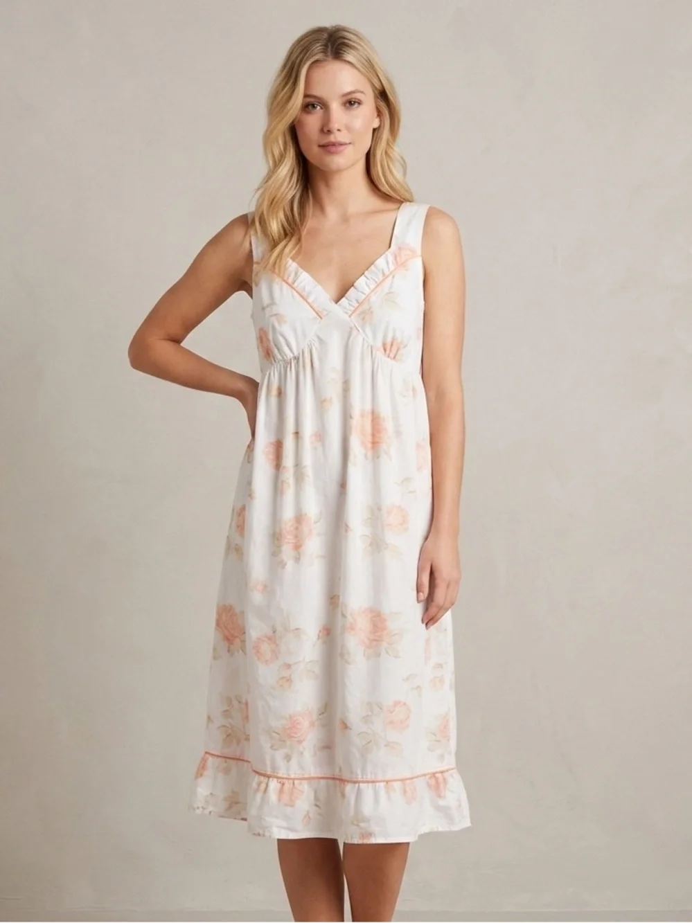 Victorias Dream White And Peach Floral V Neck Vintage Style Cotton Gown